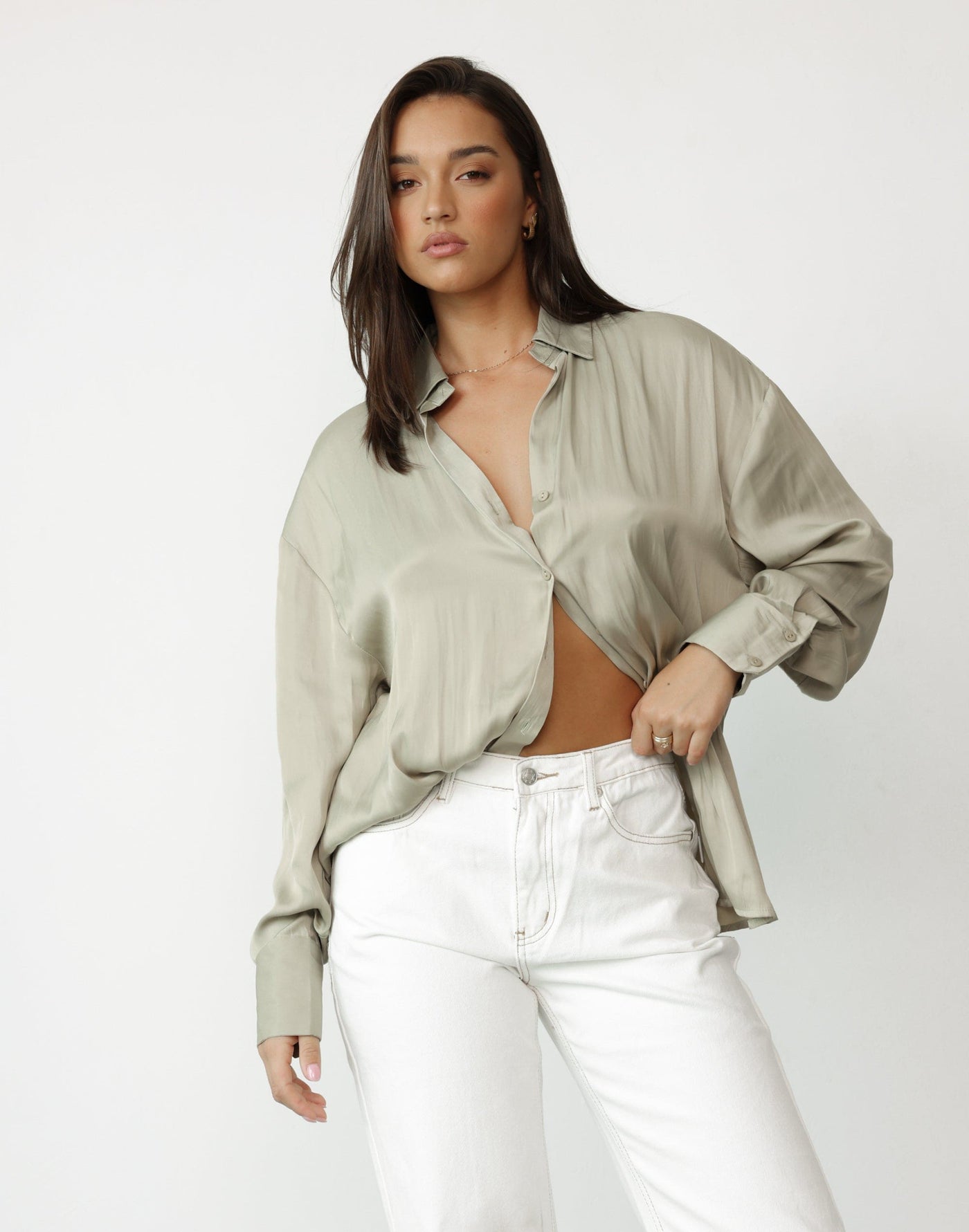 Aspen Shirt (Meadow) | CHARCOAL Exclusive - Long Sleeve Collared Button Closure Satin Shirt - Women's Top - Charcoal Clothing