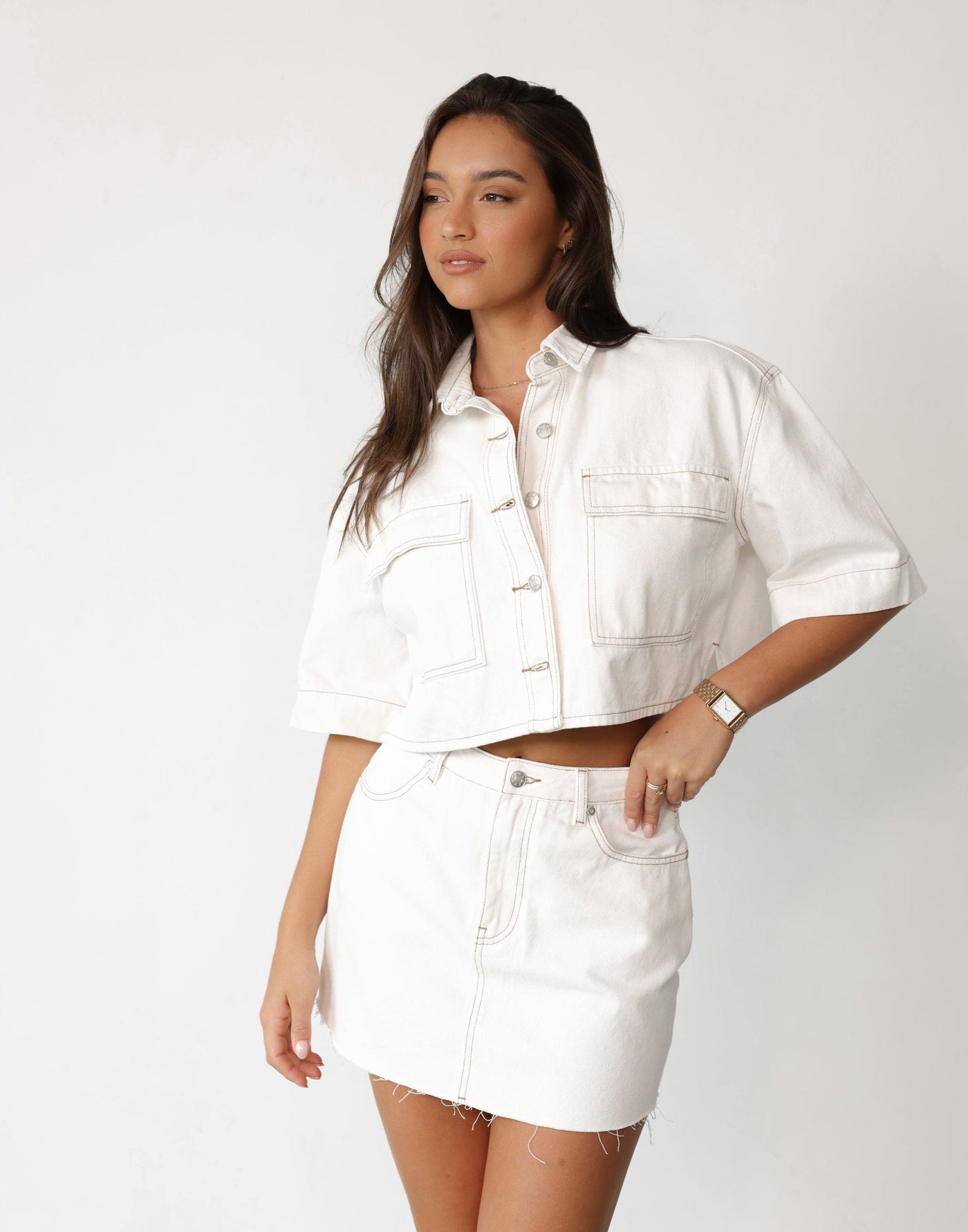 Drew Denim Shirt (Off White) | Charcoal Clothing Exclusive - Cropped Button Closure Collared Neckline Shirt - Women's Top - Charcoal Clothing