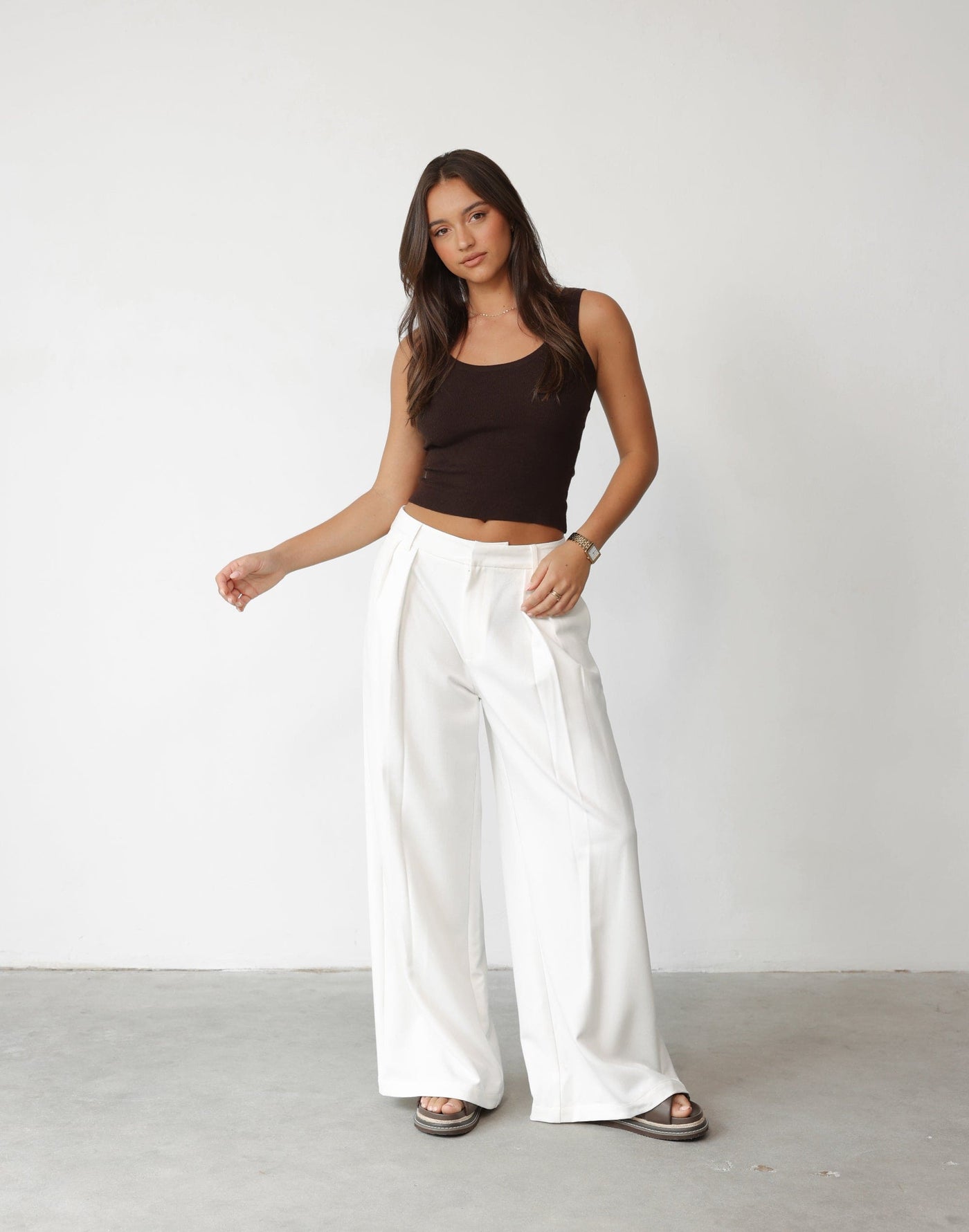 Rhiann Pants (White) | Charcoal Clothing Exclusive - Low Rise Pleated Detail Wide Leg Pants - Women's Top - Charcoal Clothing
