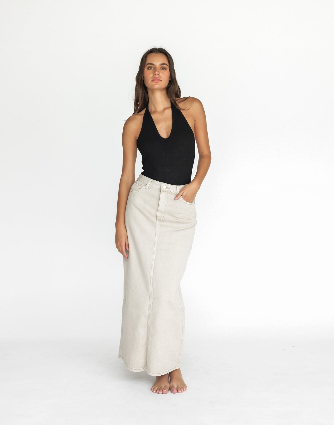 Tyler Denim Maxi Skirt (Vintage Stone) | CHARCOAL Exclusive - Low to High Rise Centre Back Split Maxi Skirt - Women's Skirt - Charcoal Clothing