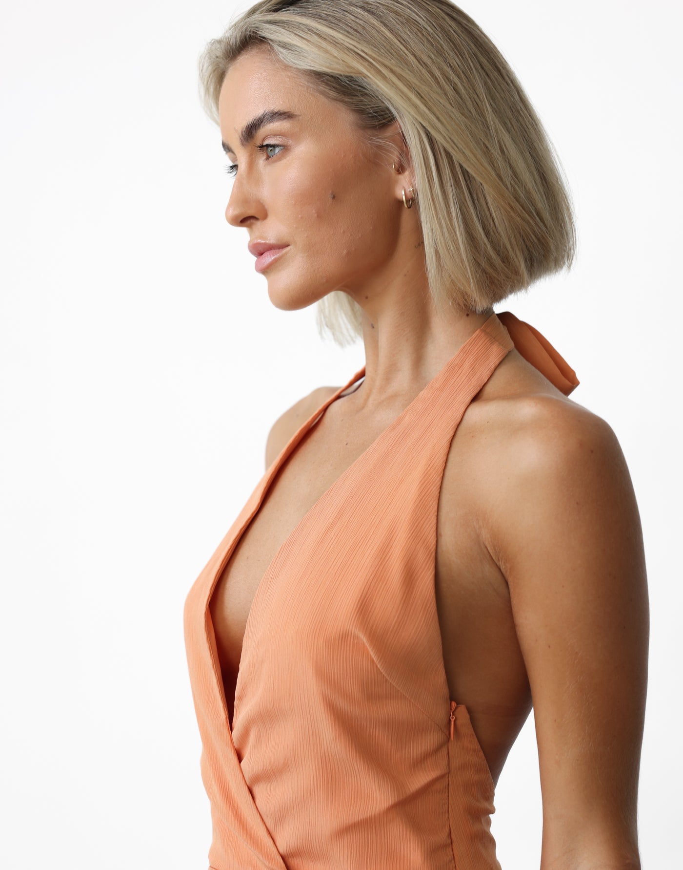 Raquelle Mini Dress (Apricot) | CHARCOAL Exclusive - Textured Sheer Overlay V-neckline A-line Mini Dress - Women's Dress - Charcoal Clothing
