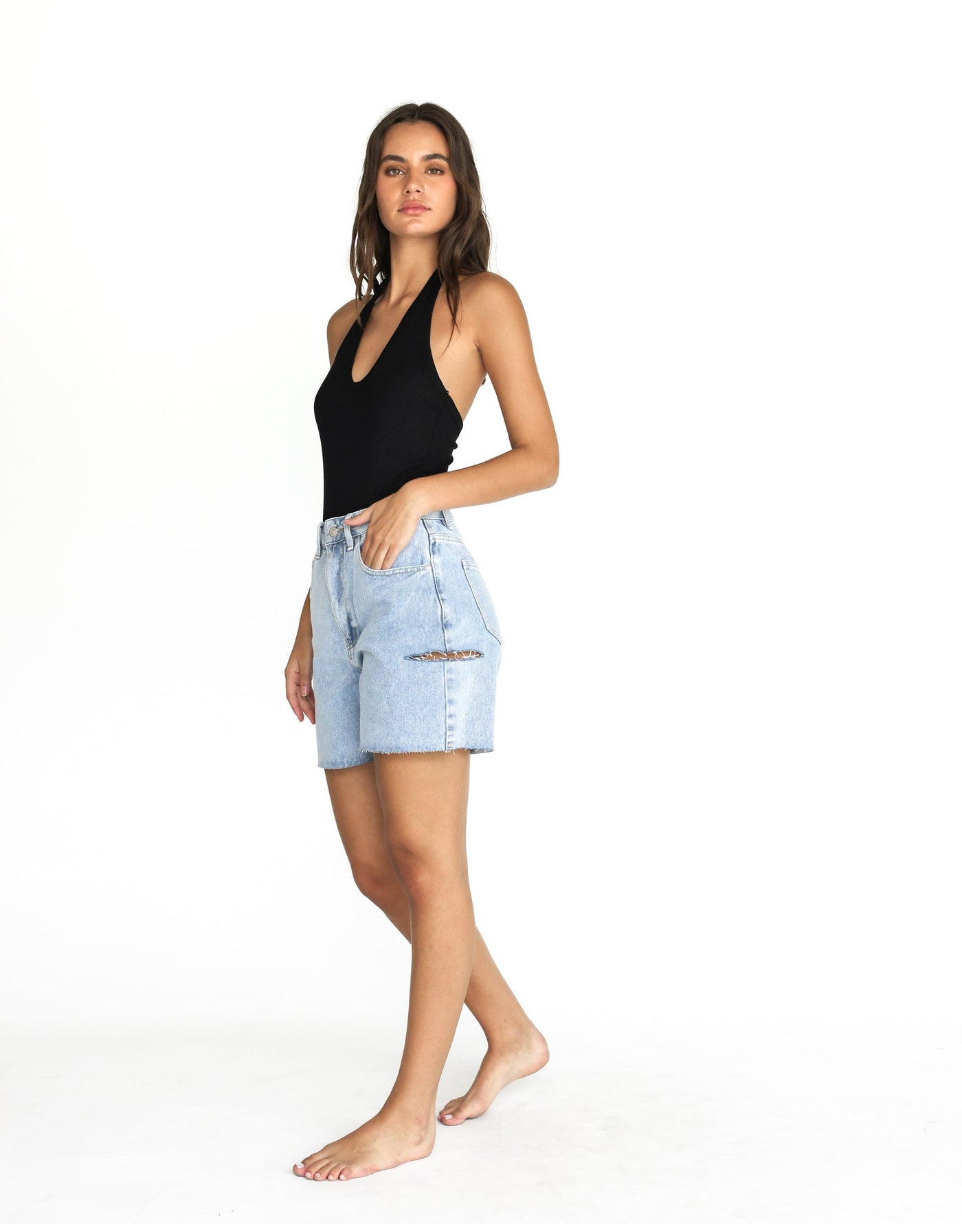 Sunlight Denim Shorts (Light Vintage) | CHARCOAL Exclusive - Split Side High Waisted Denim Shorts - Women's Shorts - Charcoal Clothing