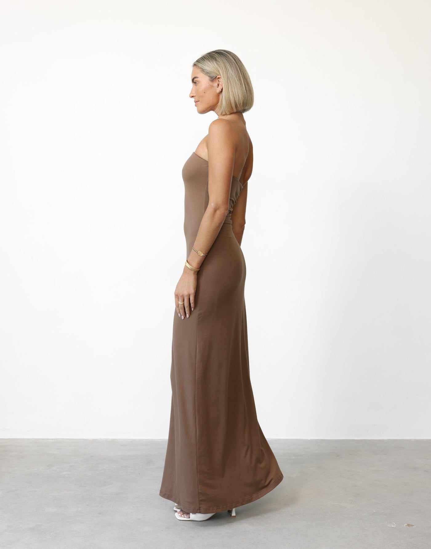 Ada Maxi Dress (Mocha) | CHARCOAL Exclusive - Strapless Bodycon Jersey Flared Hem Maxi Dress - Women's Dress - Charcoal Clothing