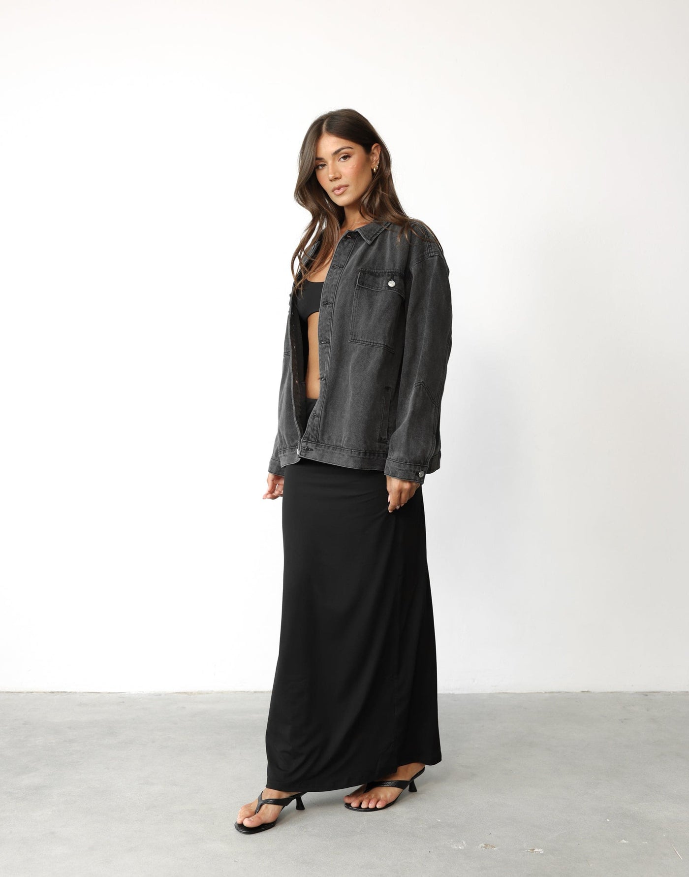 Adrian Denim Jacket (Dark Grey) - Oversized Silver Detail Denim Jacket - Women's Outerwear - Charcoal Clothing