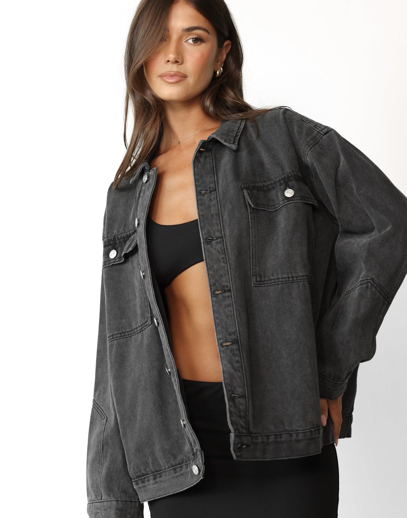 Adrian Denim Jacket (Dark Grey) - Oversized Silver Detail Denim Jacket - Women's Outerwear - Charcoal Clothing