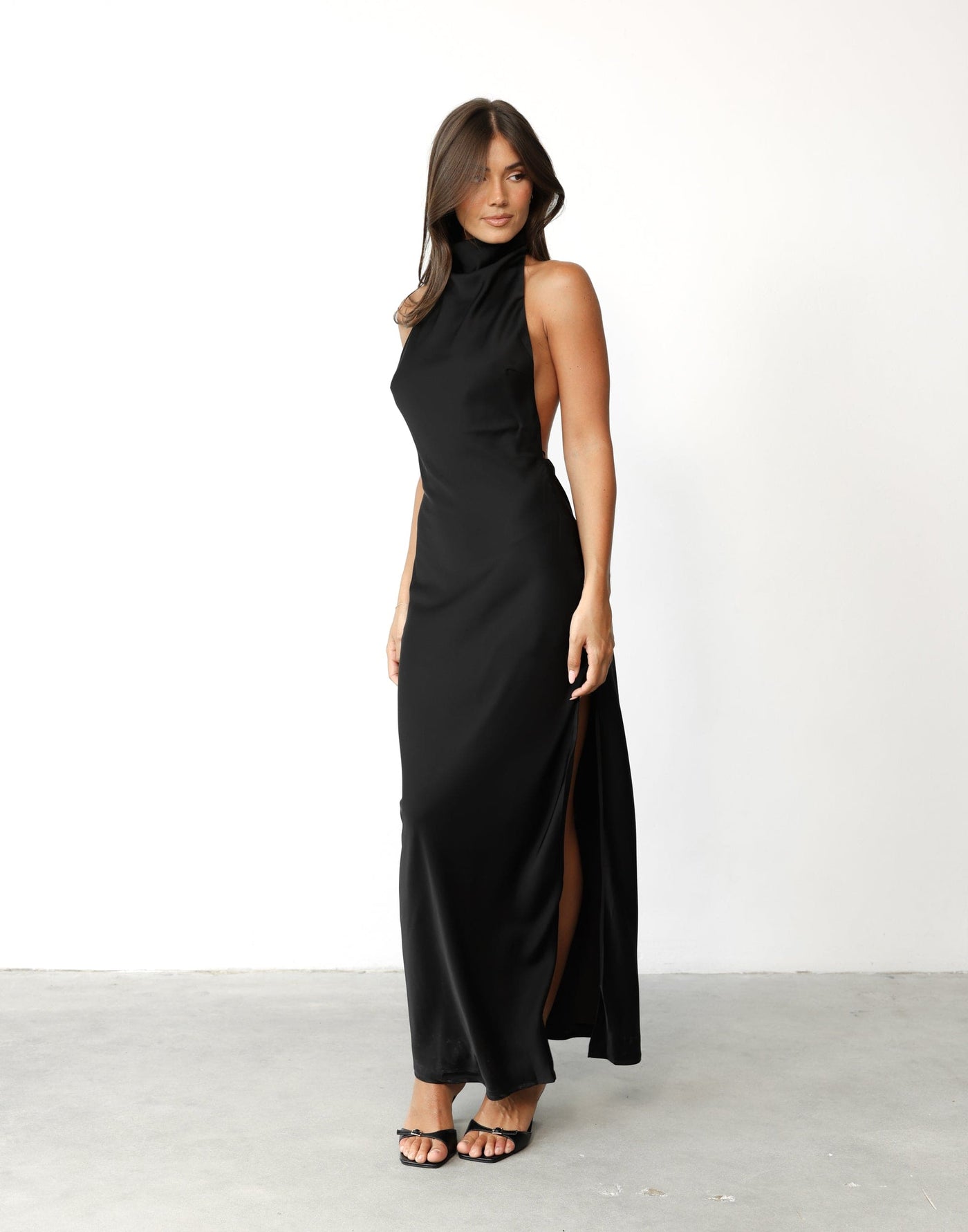 Clara Maxi Dress (Black) - Satin High Neck Backless Maxi Dress - Women's Dress - Charcoal Clothing