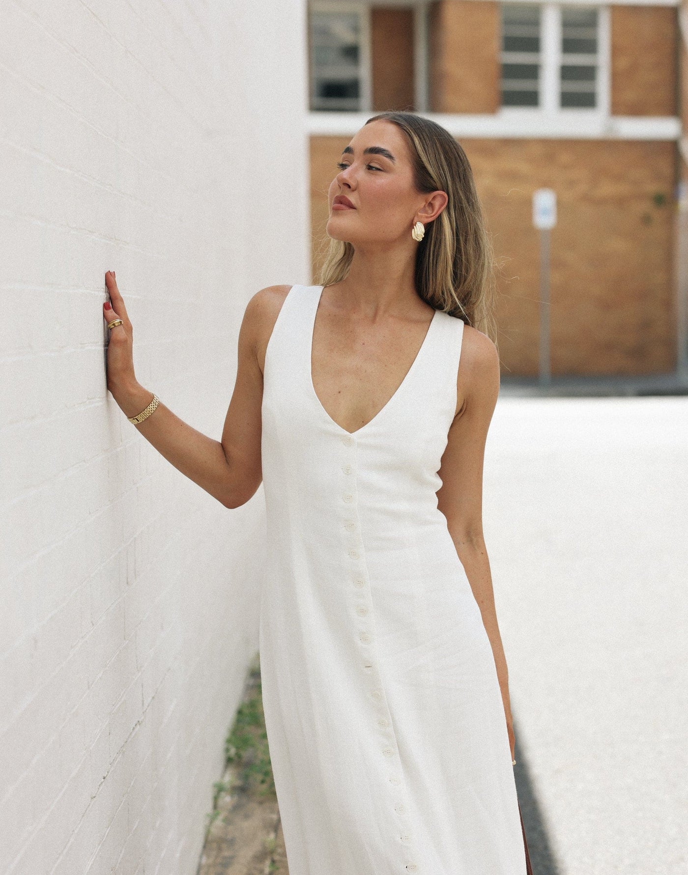 Cailey Maxi Dress (White) | CHARCOAL Exclusive - Button Closure V-Neckline Linen Blend Maxi Dress - Women's Dress - Charcoal Clothing