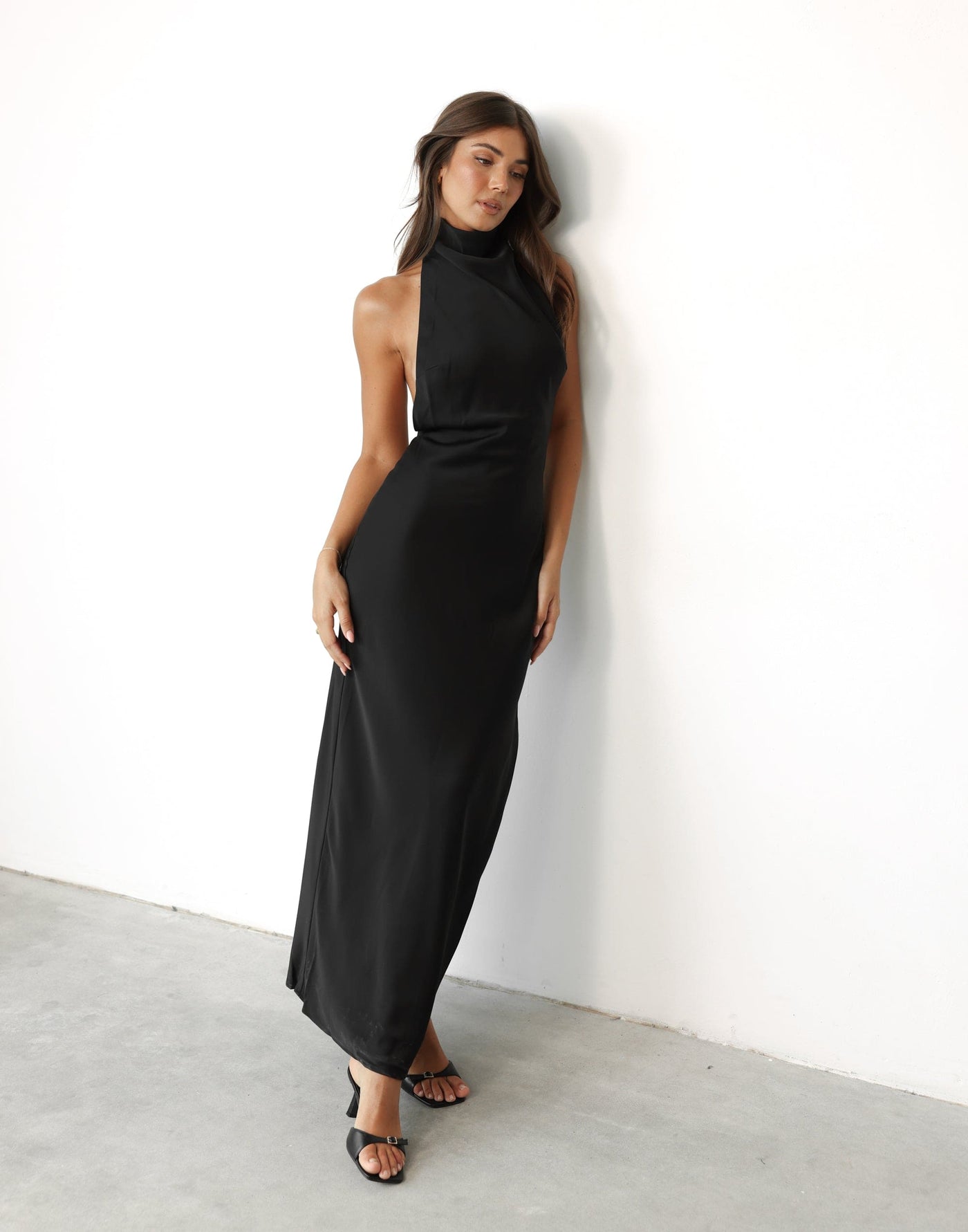 Clara Maxi Dress (Black) - Satin High Neck Backless Maxi Dress - Women's Dress - Charcoal Clothing