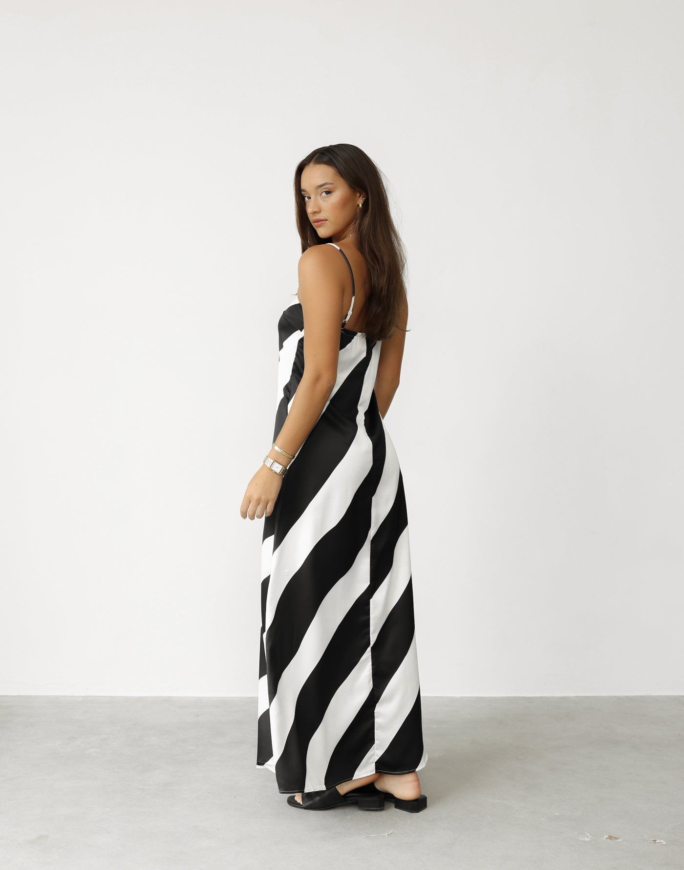 Kacey Maxi Dress (Black Stripe) - Satin Diagonal Stripe Relaxed Fit Maxi Dress - Women's Dress - Charcoal Clothing