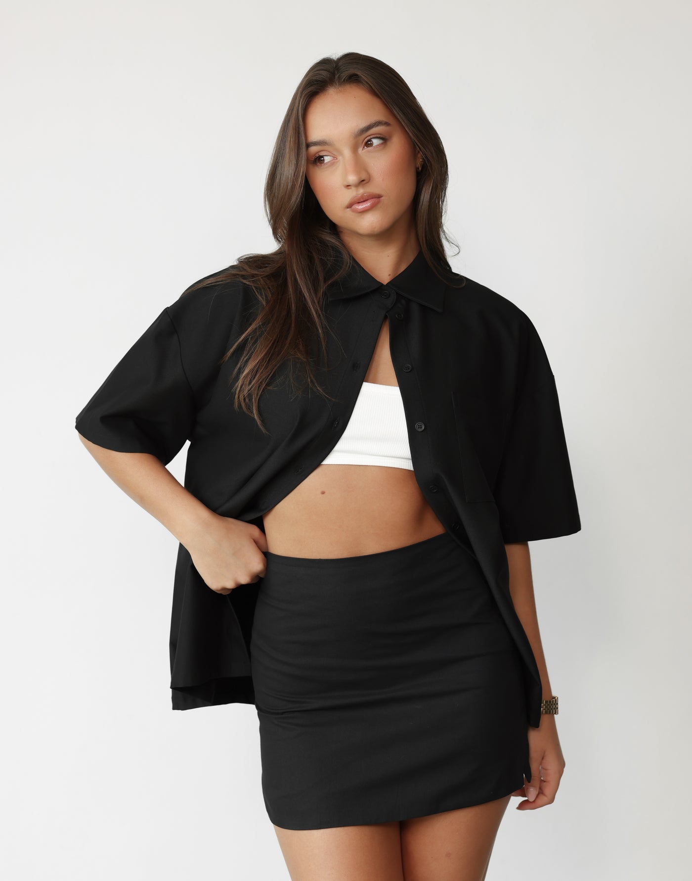 Sierra Mini Skirt (Black) | Charcoal Clothing Exclusive - Dual Split Linen Blend Mini Skirt - Women's Skirt - Charcoal Clothing