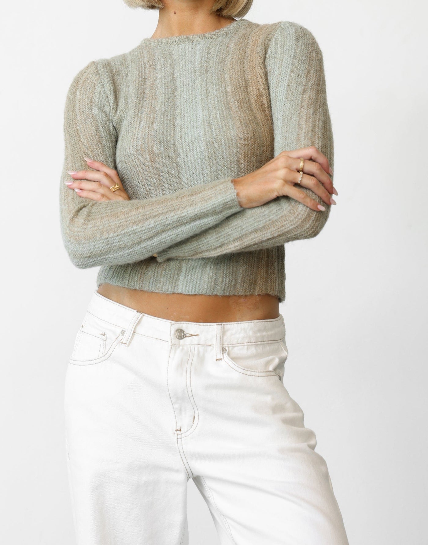 Lori Top (Green) - Fuzzy Knit Detail Ribbed Top - Women's Top - Charcoal Clothing