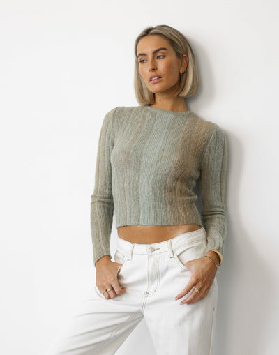 Lori Top (Green) - Fuzzy Knit Detail Ribbed Top - Women's Top - Charcoal Clothing