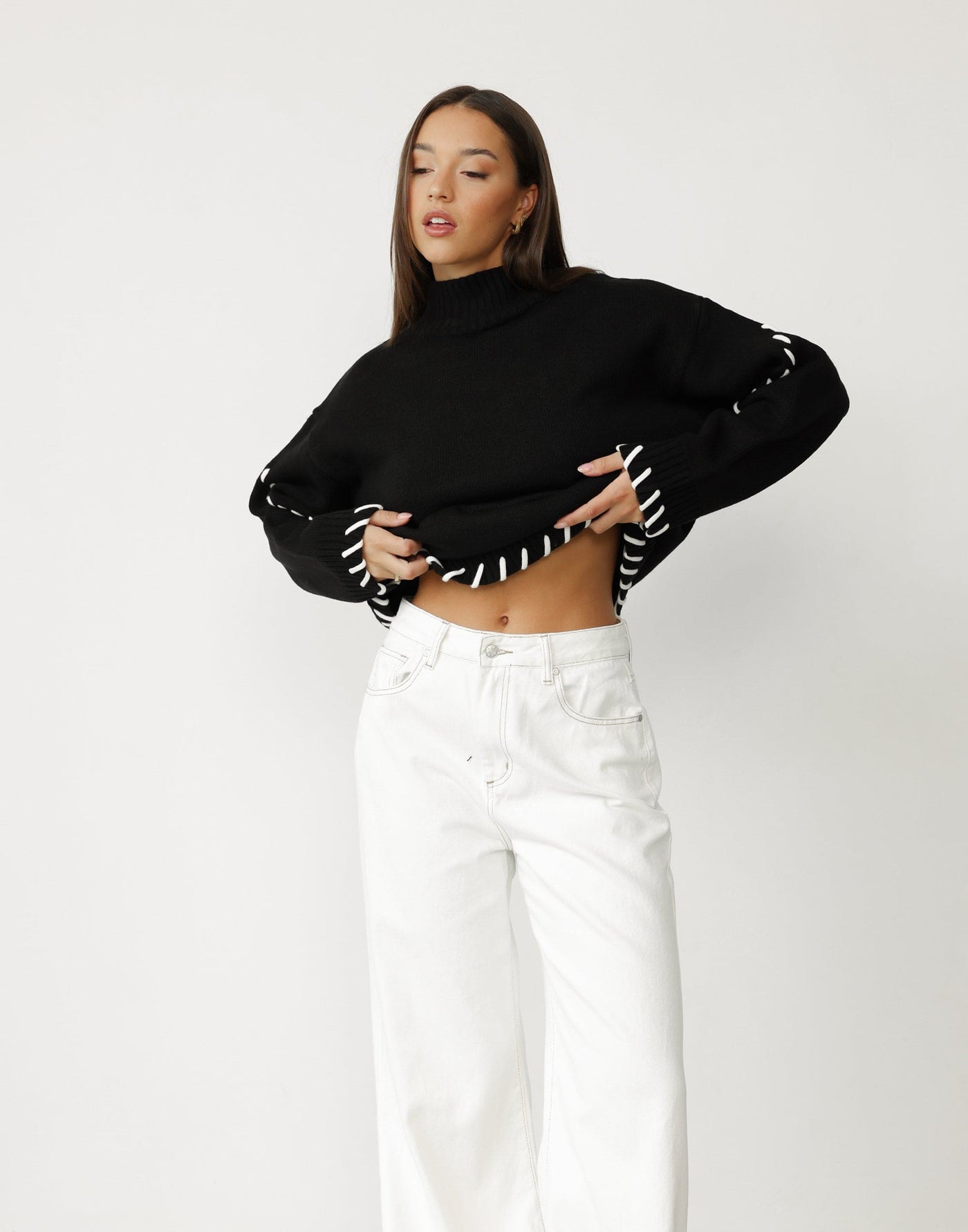 Tifanni Jumper (Black) - Turtleneck Relaxed Fit Whip Stitch Detail Jumper - Women's Top - Charcoal Clothing
