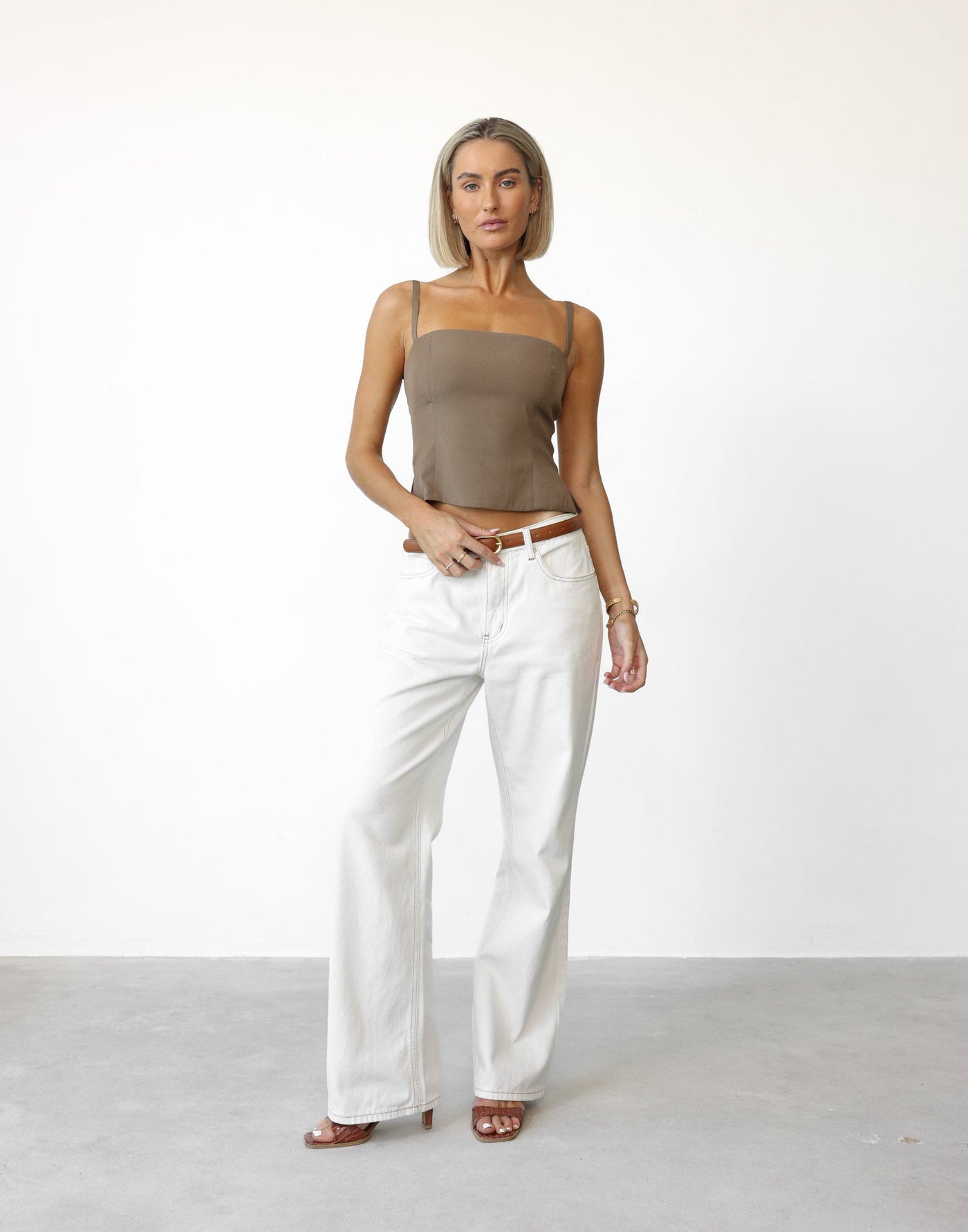 Caris Top (Mocha) | CHARCOAL Exclusive - Flared Hem Straight Neck Suiting Top - Women's Pants - Charcoal Clothing