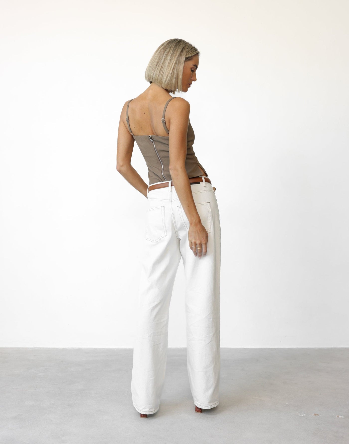 Caris Top (Mocha) | CHARCOAL Exclusive - Flared Hem Straight Neck Suiting Top - Women's Pants - Charcoal Clothing