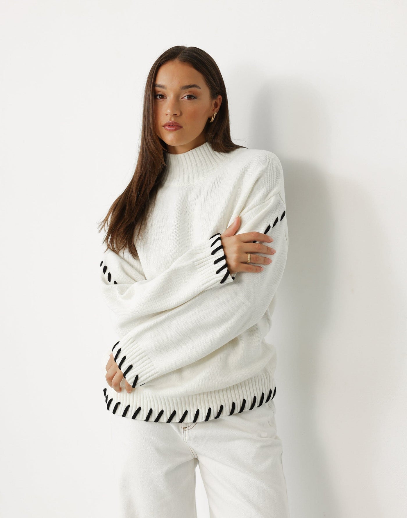 Tifanni Jumper (White) - Turtleneck Relaxed Fit Whip Stitch Detail Jumper - Women's Top - Charcoal Clothing