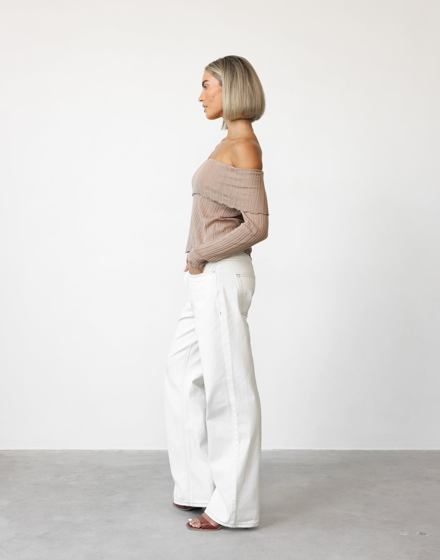 Lynn Top (Beige) - Fold Over Lettuce Hem Off Shoulder Top - Women's Top - Charcoal Clothing