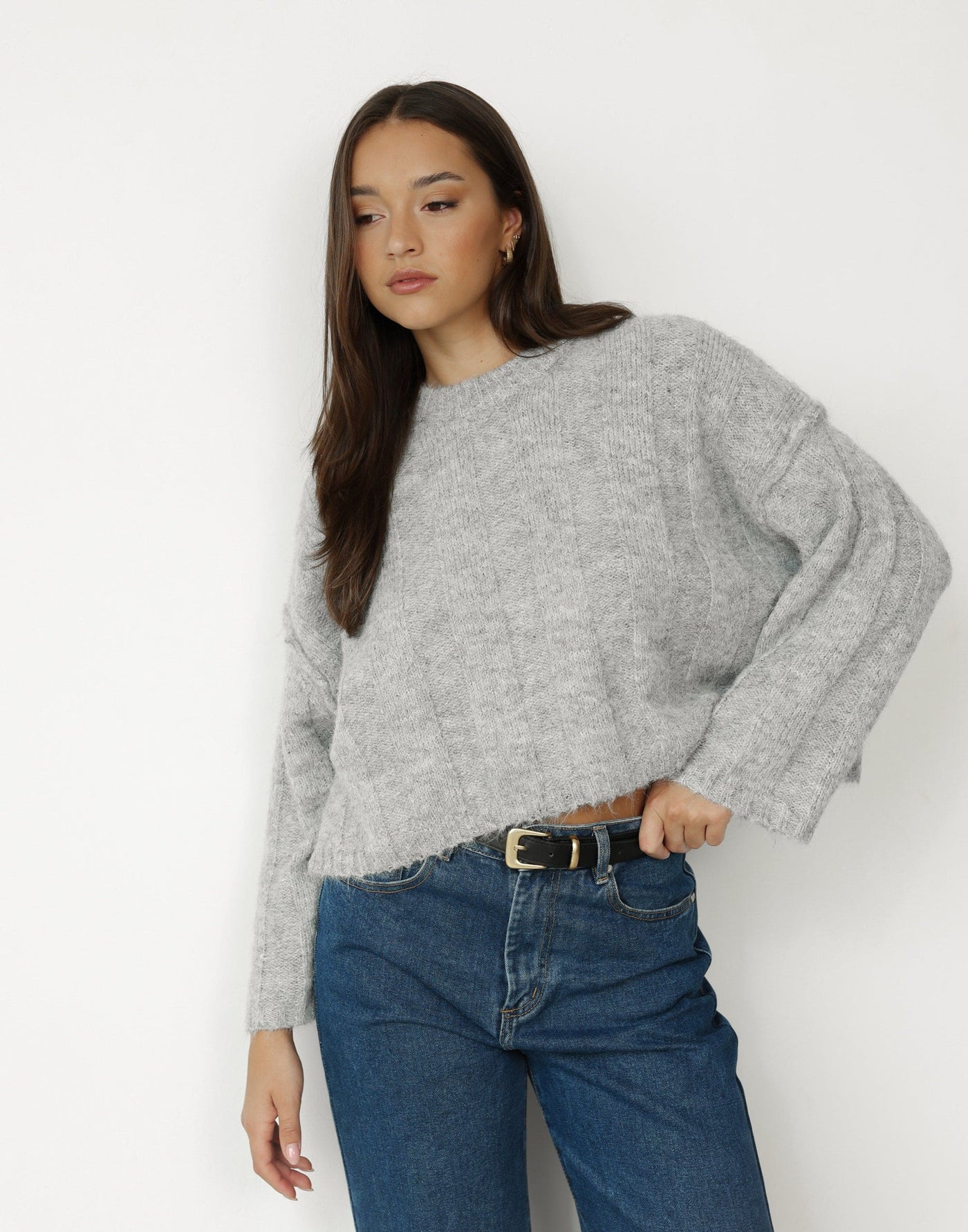 Katrin Jumper (Grey Marle) - Fuzzy Ribbed Crew Neck Jumper - Women's Top - Charcoal Clothing