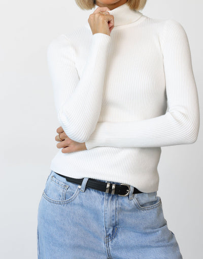 Davison Long Sleeve Top (White) - Turtleneck Long Sleeve Knit Top - Women's Top - Charcoal Clothing