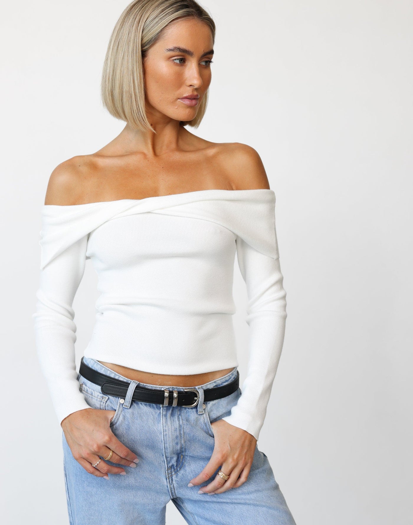 Elena Top (White) - Crossed Front High Neck Ribbed Knit Long Sleeve - Women's Top - Charcoal Clothing