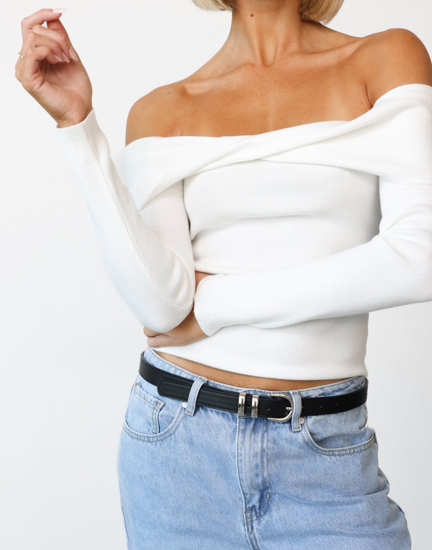 Elena Top (White) - Crossed Front High Neck Ribbed Knit Long Sleeve - Women's Top - Charcoal Clothing