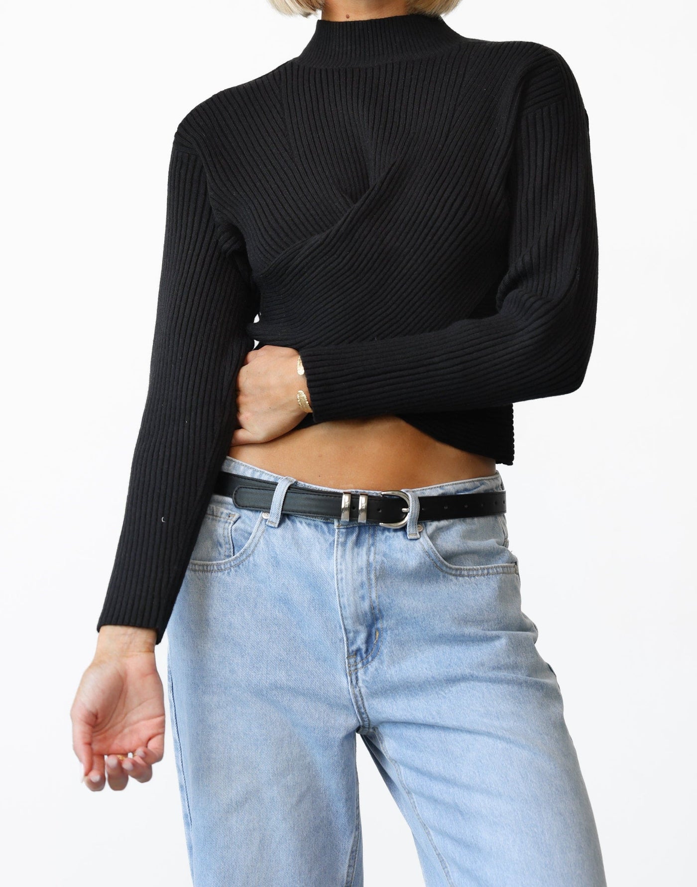 Naomie Jumper (Black) - Crossover High Neck Knit Jumper - Women's Top - Charcoal Clothing