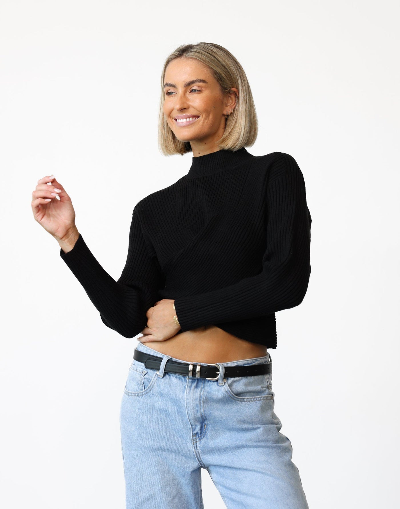 Naomie Jumper (Black) - Crossover High Neck Knit Jumper - Women's Top - Charcoal Clothing