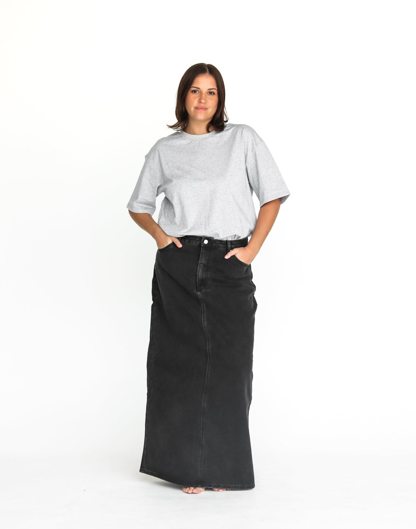 Tyler Denim Maxi Skirt (Vintage Black) | CHARCOAL Exclusive - Low to High Rise Centre Back Split Maxi Skirt - Women's Skirt - Charcoal Clothing