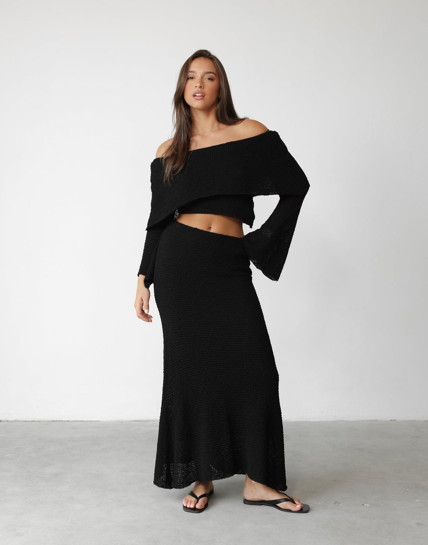 Sundown Top (Black) | Charcoal Clothing Exclusive - Off Shoulder Fold Over Flared Long Sleeved Top - Women's Top - Charcoal Clothing