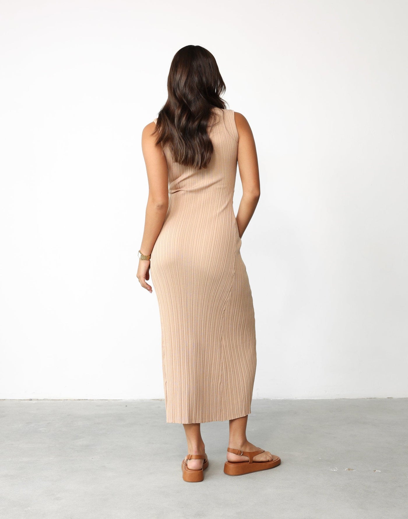 Melissa Maxi Dress (Latte) - High Boat Neck Ribbed Stretchy Bodycon Maxi Dress - Women's Dress - Charcoal Clothing