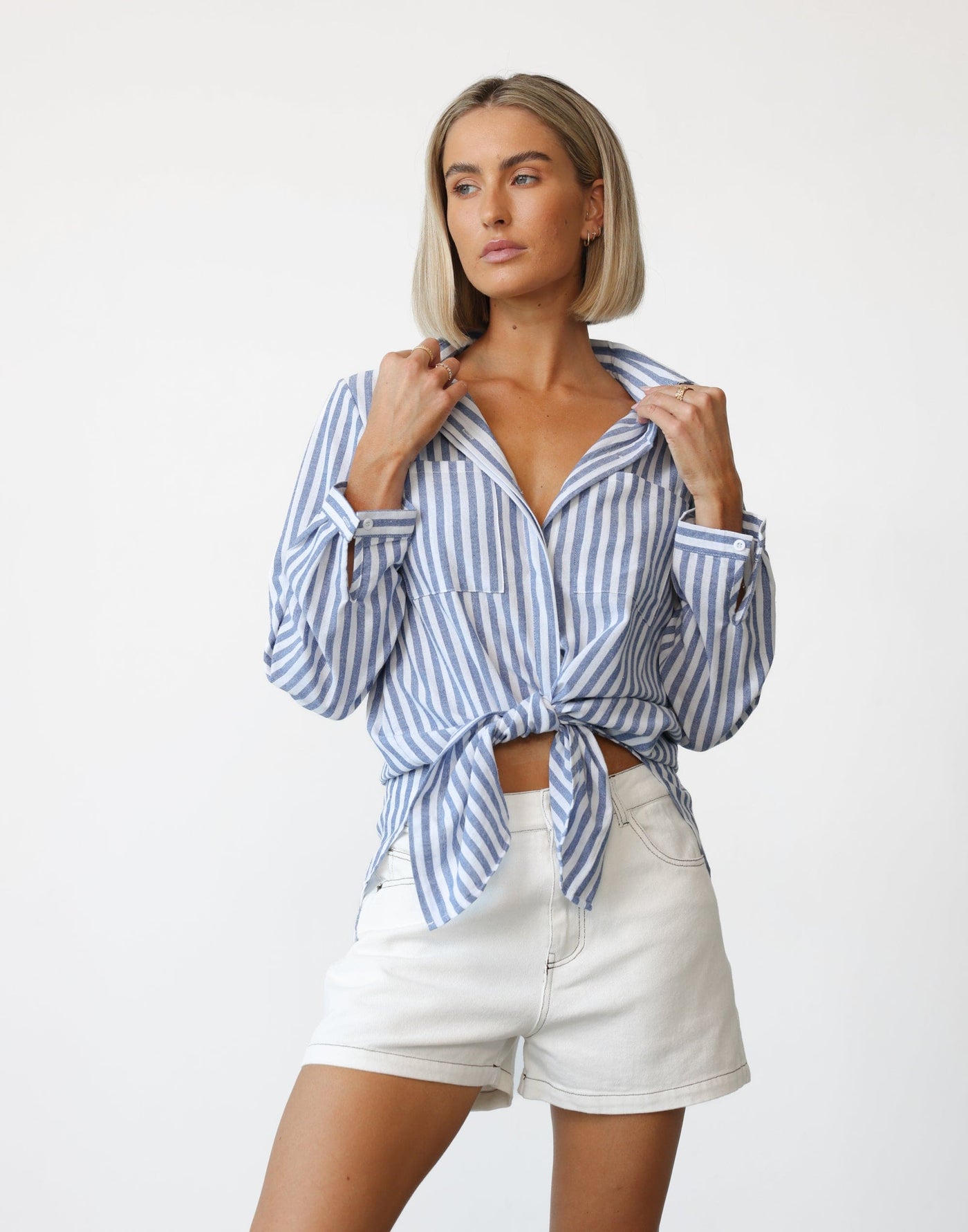 Ivani Shirt (Blue Stripe) - Blue/White Stripe Oversized Rounded Hem Side Split Shirt - Women's Top - Charcoal Clothing