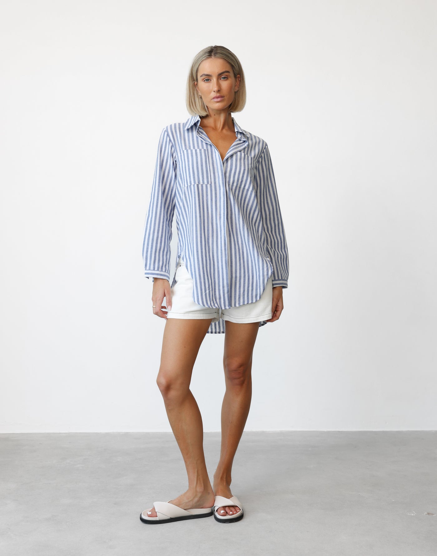 Ivani Shirt (Blue Stripe) - Blue/White Stripe Oversized Rounded Hem Side Split Shirt - Women's Top - Charcoal Clothing