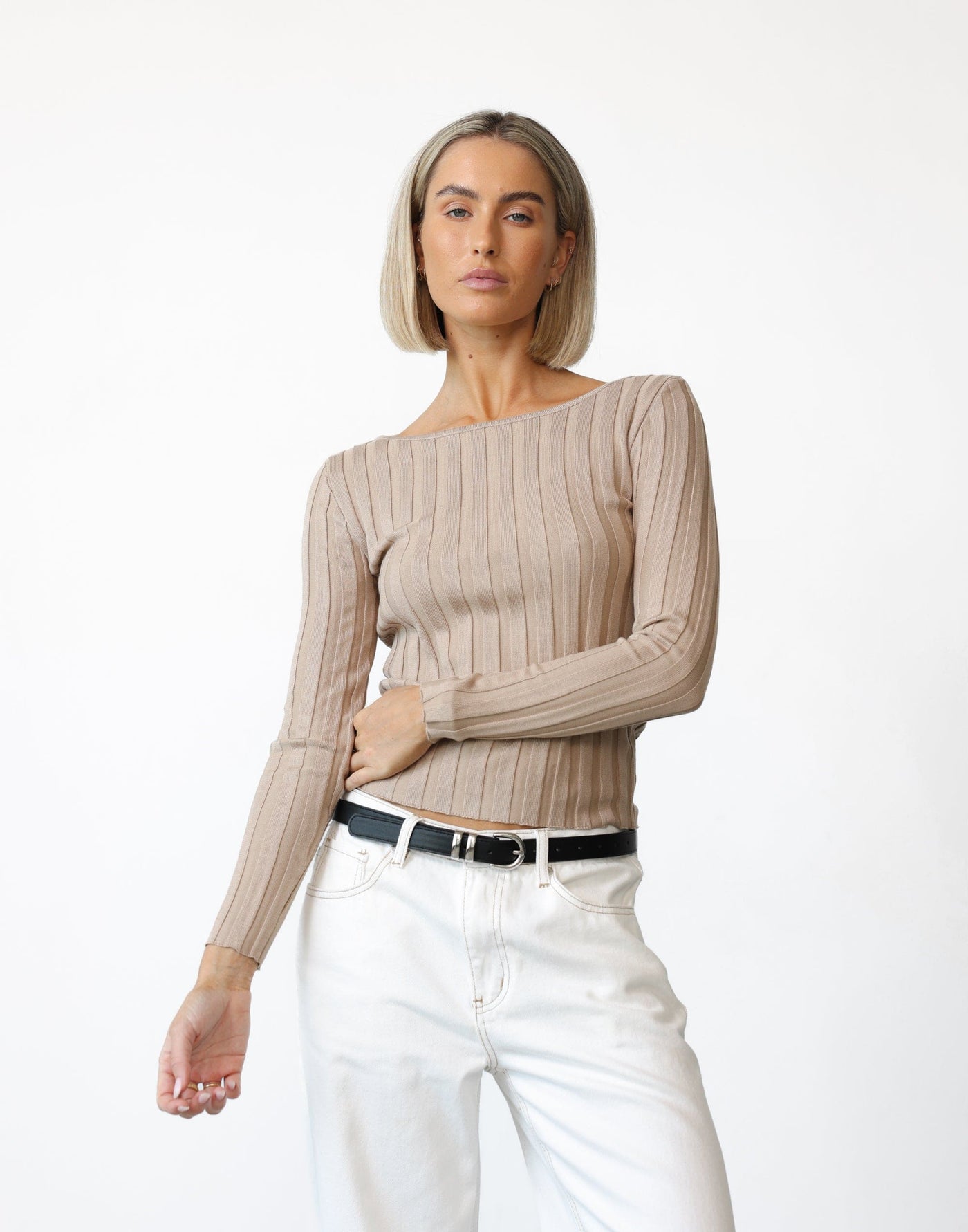 Danai Top (Camel) - Ribbed High Boat Neck Long Sleeve Top - Women's Top - Charcoal Clothing