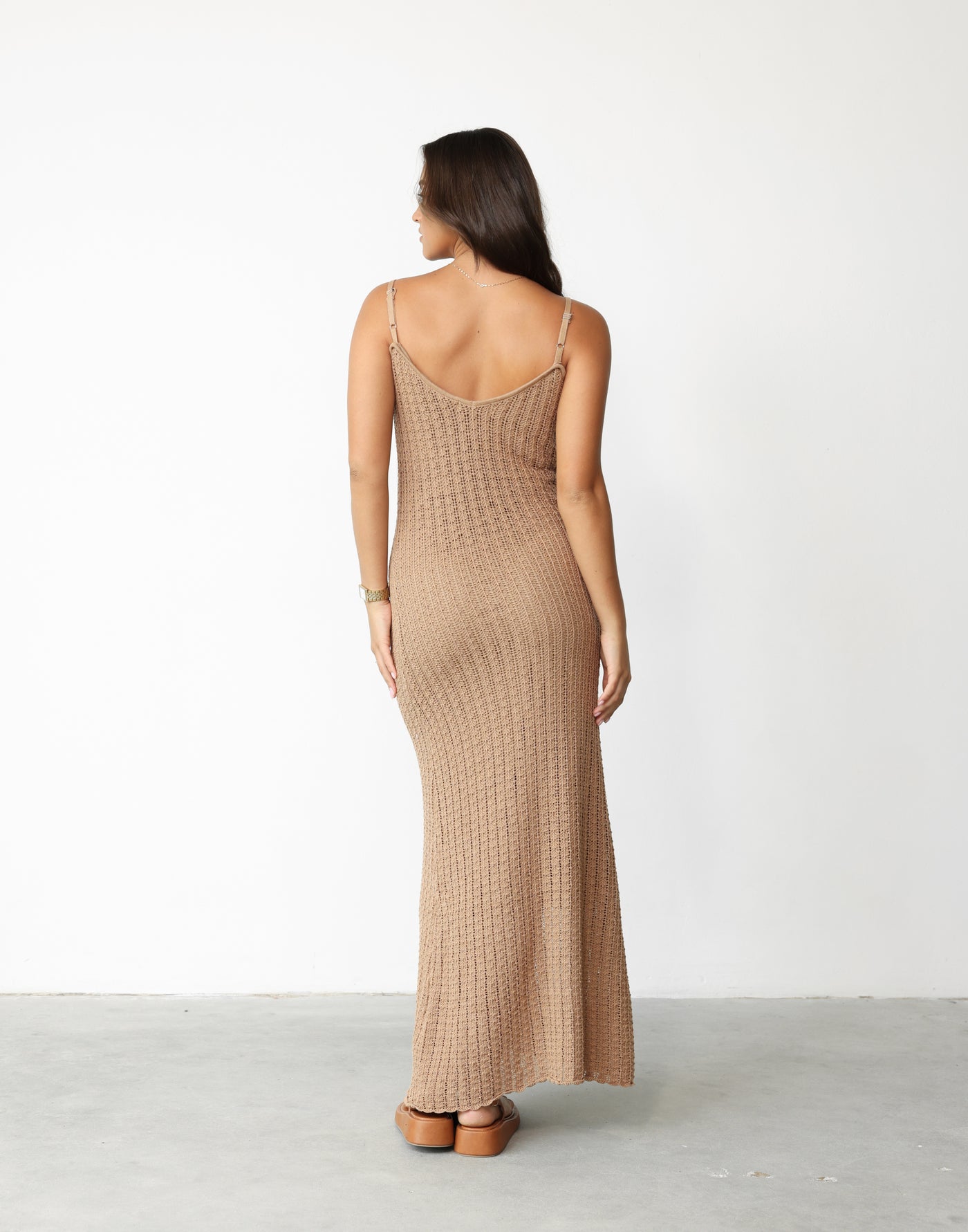 Janise Maxi Dress (Mocha) - Soft V-neckline Knit Overlay Maxi Dress - Women's Dress - Charcoal Clothing