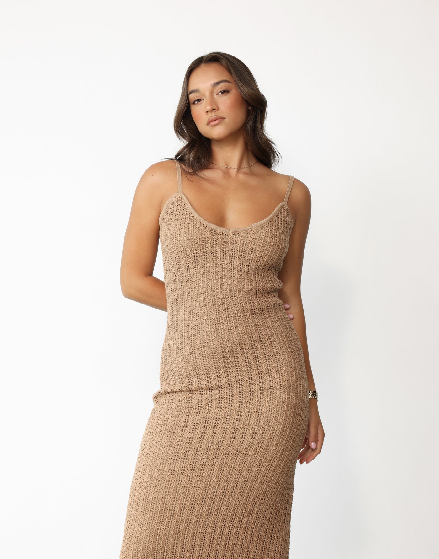 Janise Maxi Dress (Mocha) - Soft V-neckline Knit Overlay Maxi Dress - Women's Dress - Charcoal Clothing