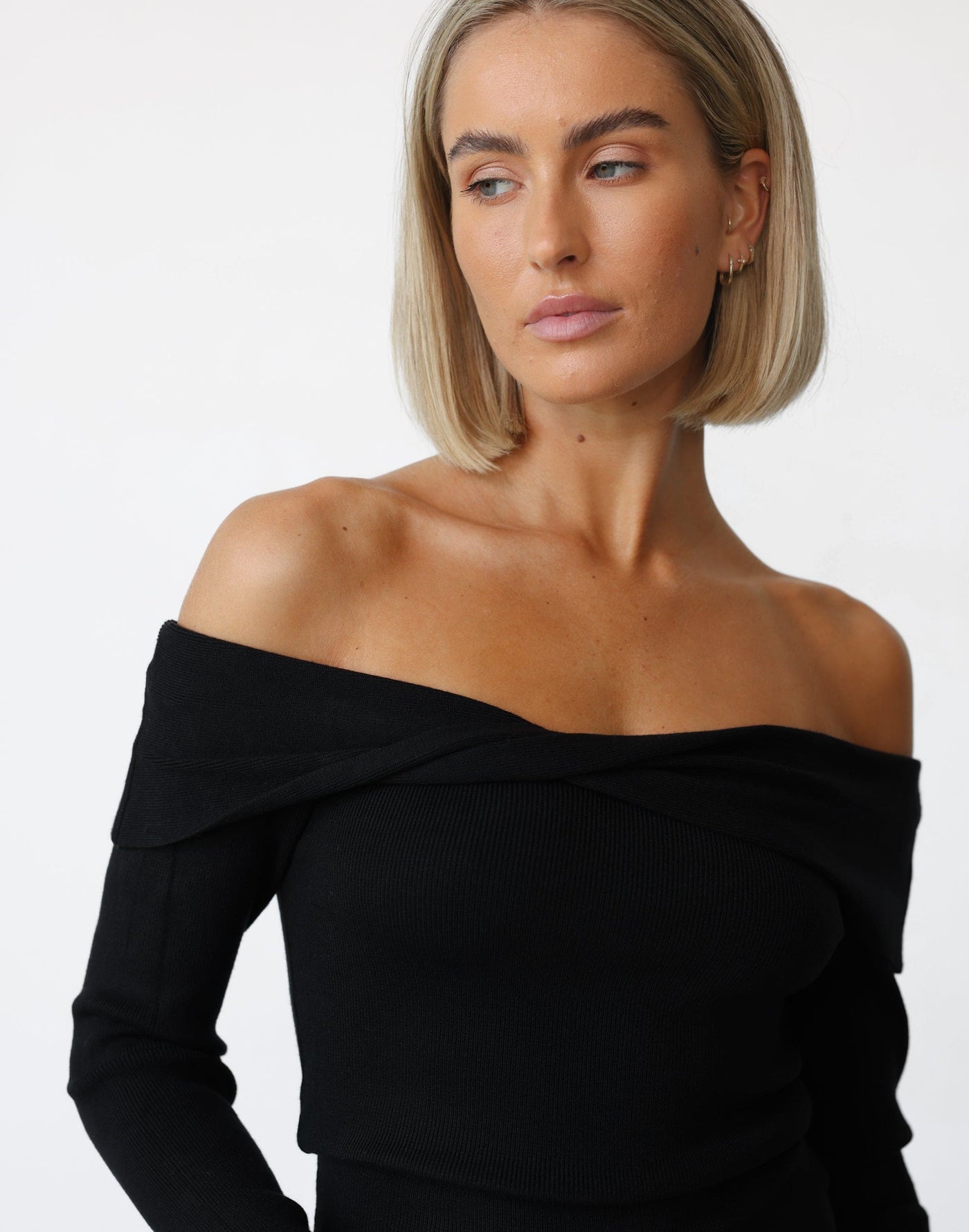 Elena Top (Black) - Crossed Front High Neck Ribbed Knit Long Sleeve - Women's Top - Charcoal Clothing