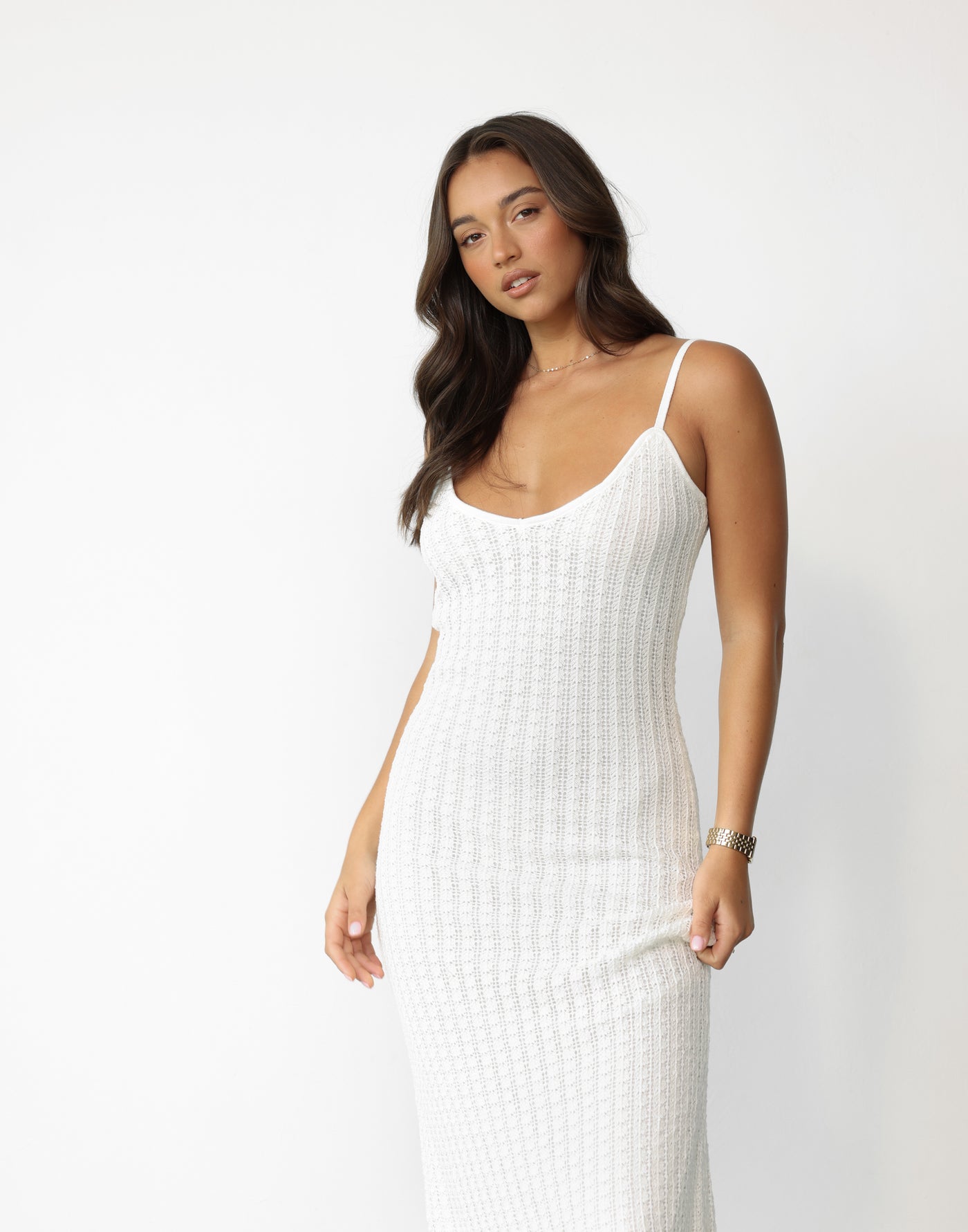 Janise Maxi Dress (White) - Soft V-neckline Knit Overlay Maxi Dress - Women's Dress - Charcoal Clothing