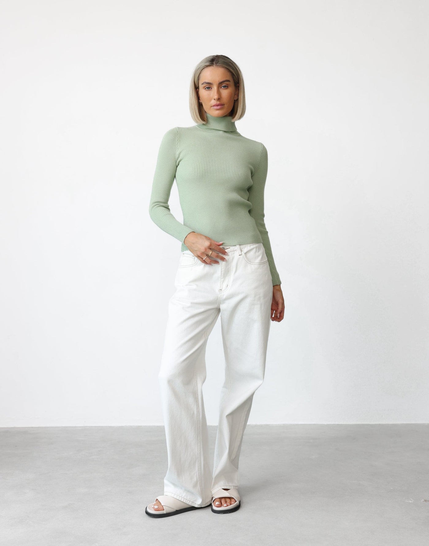 Davison Long Sleeve Top (Sage) - Turtleneck Long Sleeve Knit Top - Women's Top - Charcoal Clothing