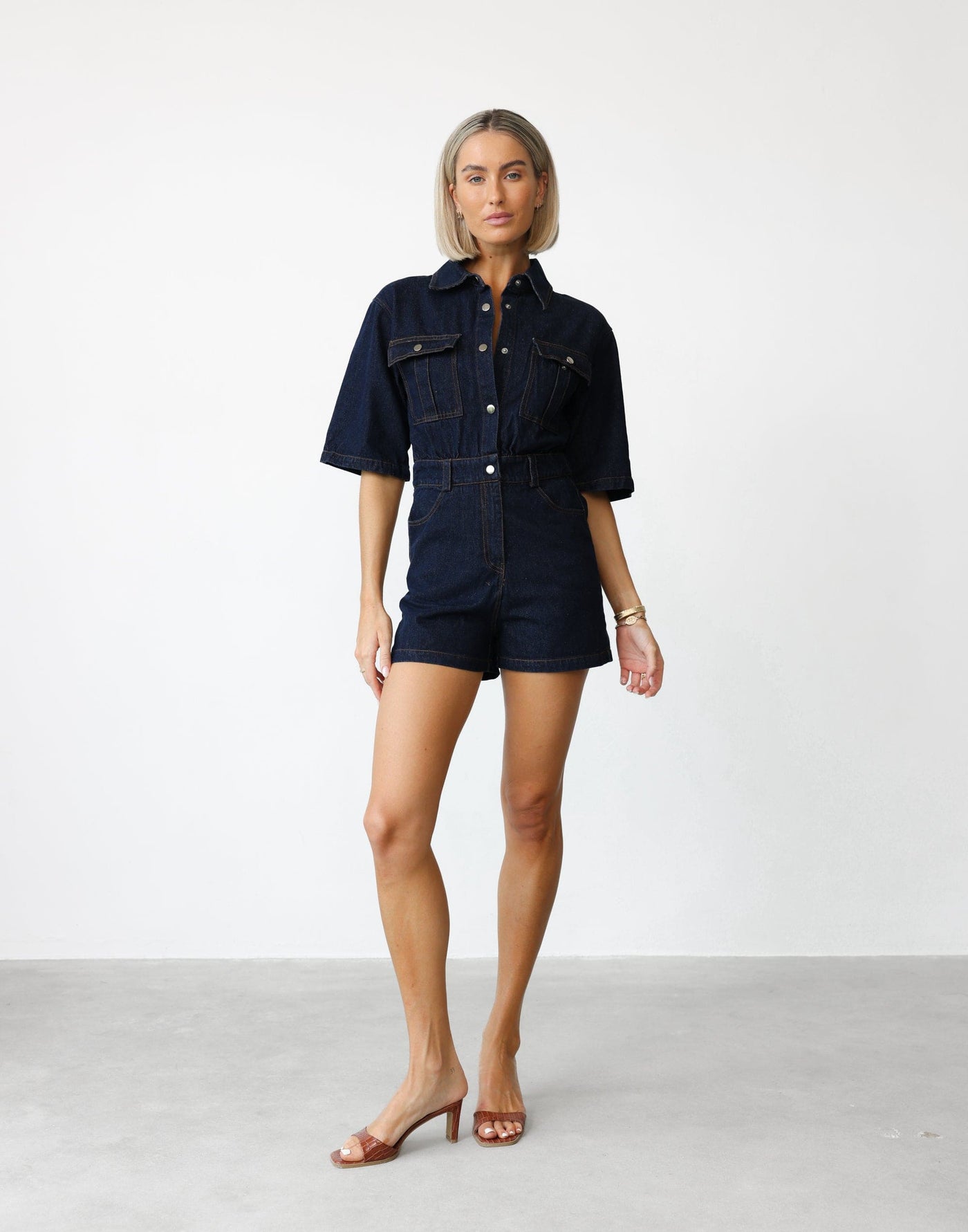 Darcy Playsuit (Dark Denim) - Button Closure Playsuit with Belt Loops - Women's Playsuit - Charcoal Clothing