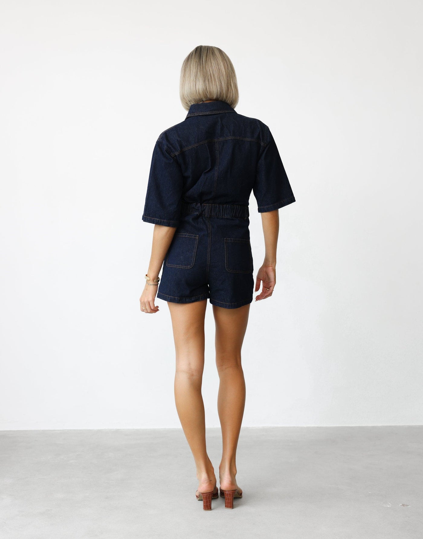 Darcy Playsuit (Dark Denim) - Button Closure Playsuit with Belt Loops - Women's Playsuit - Charcoal Clothing