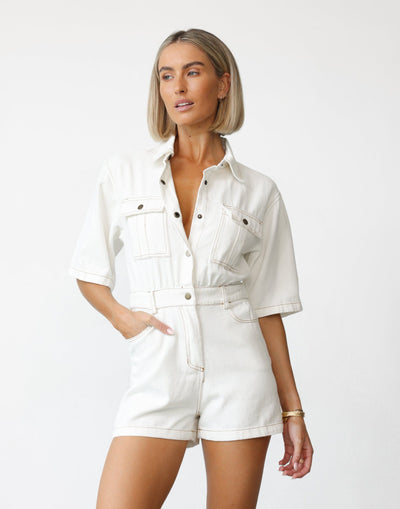 Darcy Playsuit (White) - Button Closure Playsuit with Belt Loops - Women's Playsuit - Charcoal Clothing