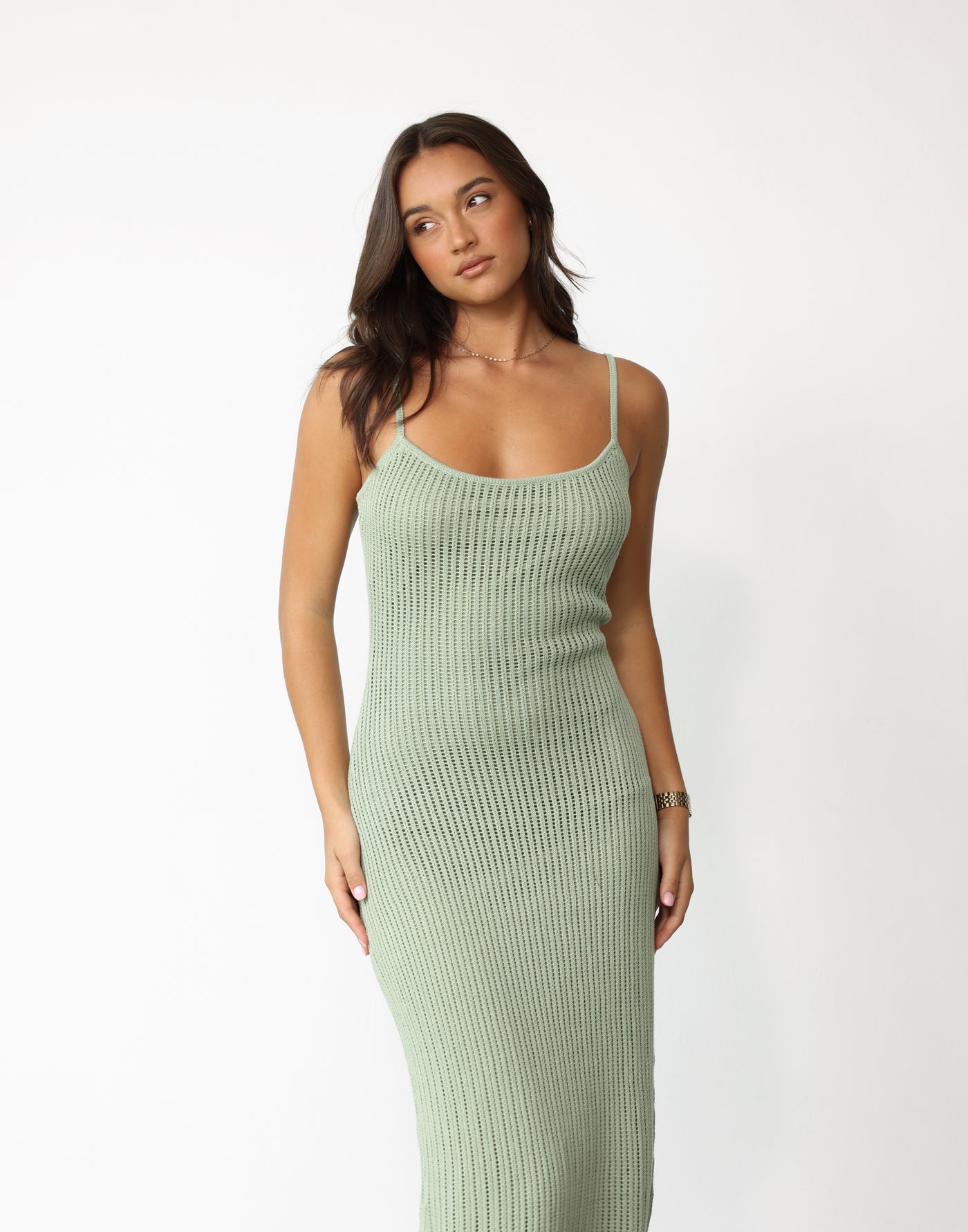 Clair Maxi Dress (Sage) - Knit Overlay Summer Knit Maxi Dress - Women's Dress - Charcoal Clothing