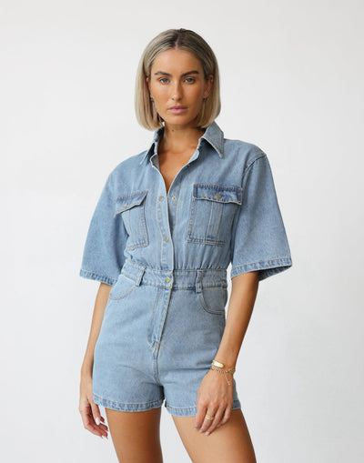 Darcy Playsuit (Vintage Blue) - Button Closure Playsuit with Belt Loops - Women's Playsuit - Charcoal Clothing