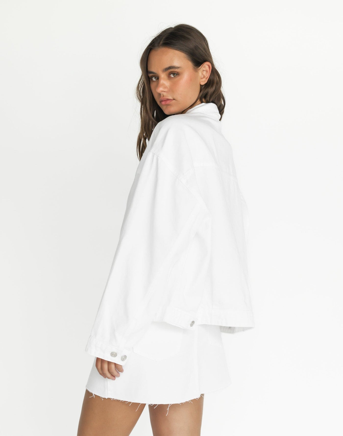Cole Denim Jacket (White) | CHARCOAL Exclusive - Adjustable Waist Silver Button Denim Jacket - Women's Outerwear - Charcoal Clothing