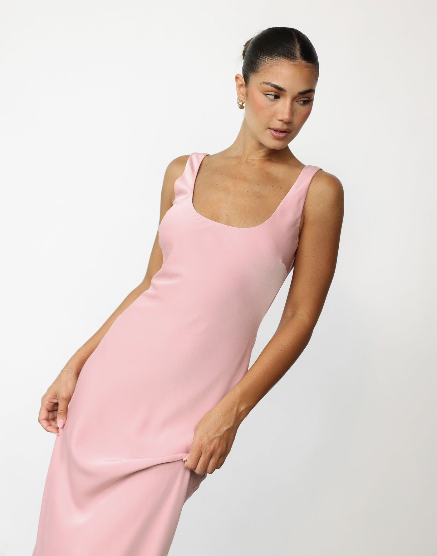 Camillio Maxi Dress (Blush) | CHARCOAL Exclusive - High Round Neckline and Scoop Back Satin Maxi - Women's Dress - Charcoal Clothing