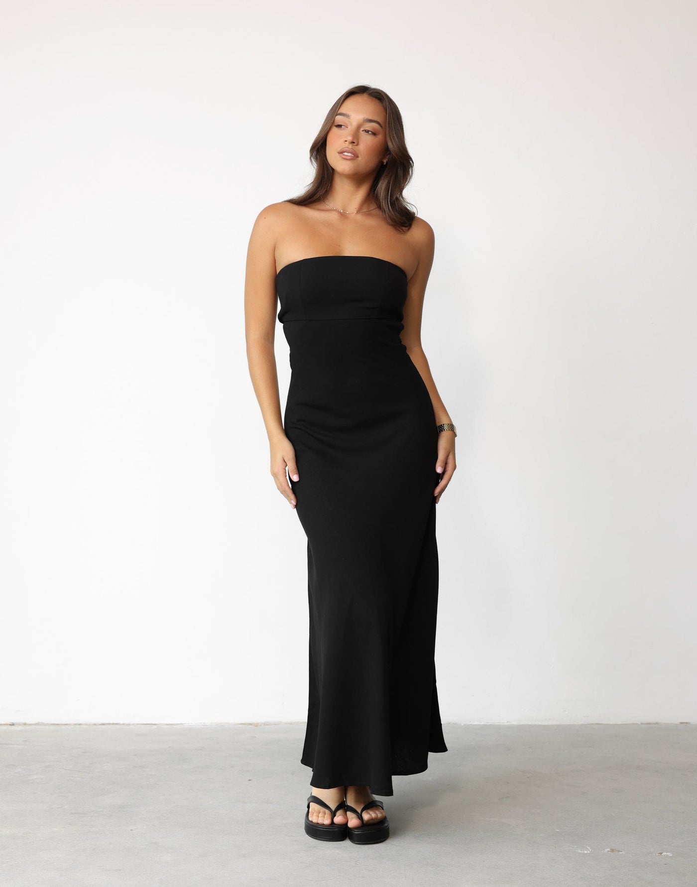 Annabelle Maxi Dress (Black) - Shirred Back Linen Blend Open Back Maxi Dress - Women's Dress - Charcoal Clothing