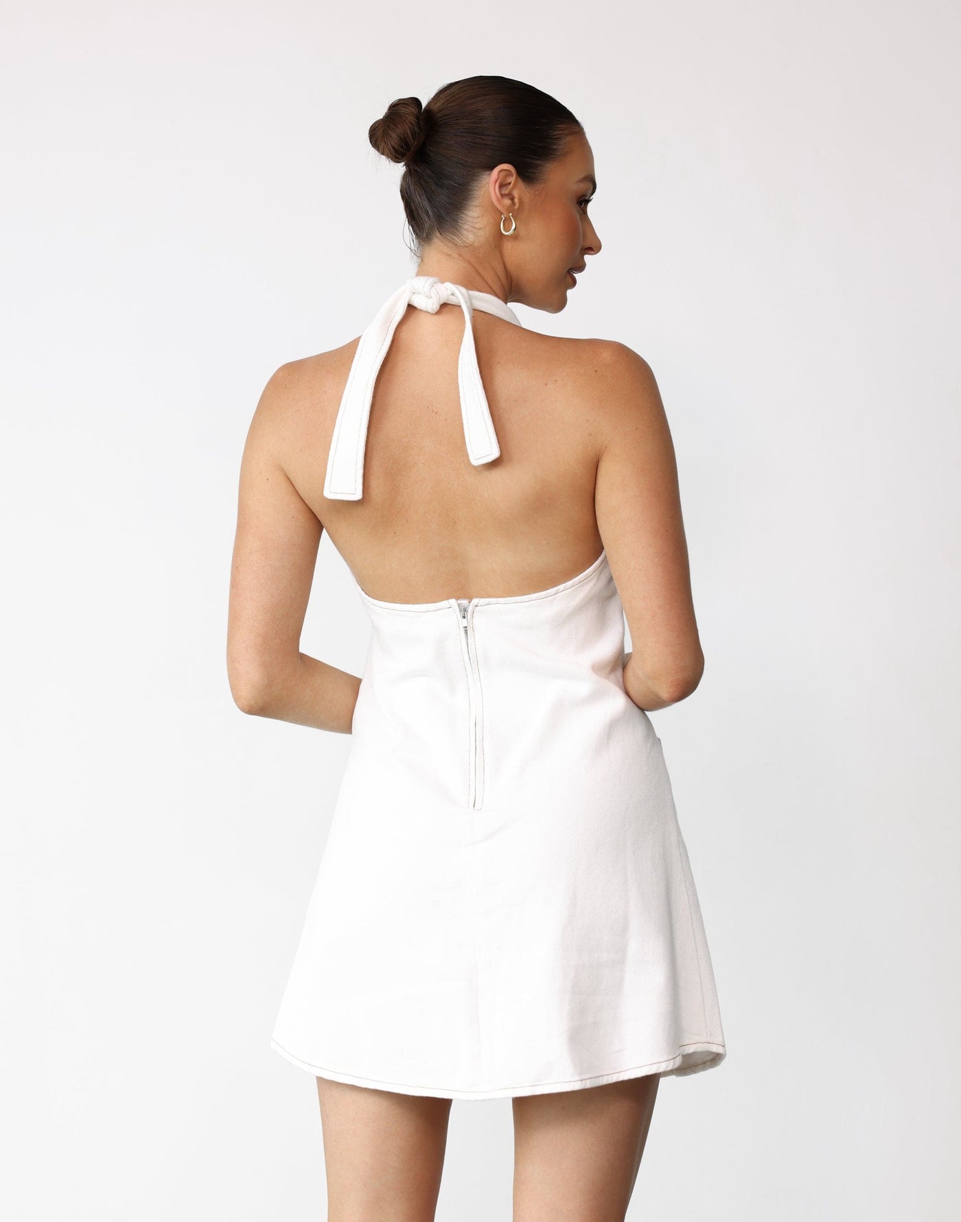 Graciemae Mini Dress (White) - V-neck Denim Button Closure Mini - Women's Dress - Charcoal Clothing