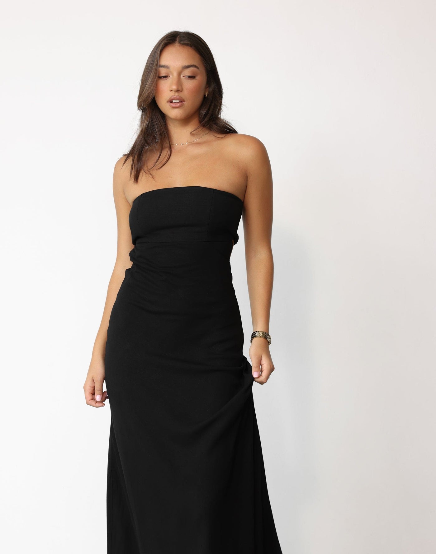 Annabelle Maxi Dress (Black) - Shirred Back Linen Blend Open Back Maxi Dress - Women's Dress - Charcoal Clothing