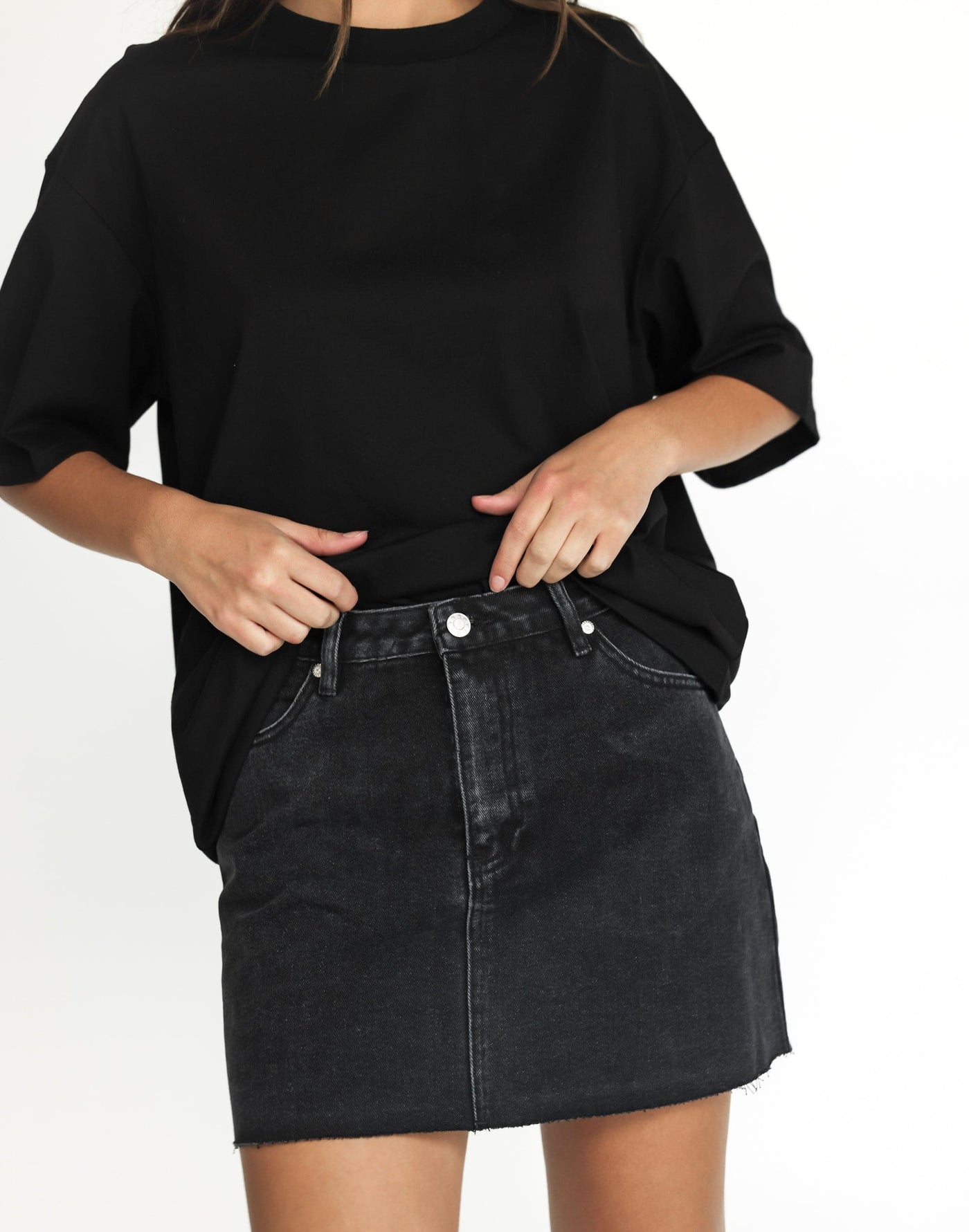 Rowan Denim Mini Skirt (Vintage Black) | CHARCOAL Exclusive - Raw Edge High Waisted Mini Skirt - Women's Skirt - Charcoal Clothing