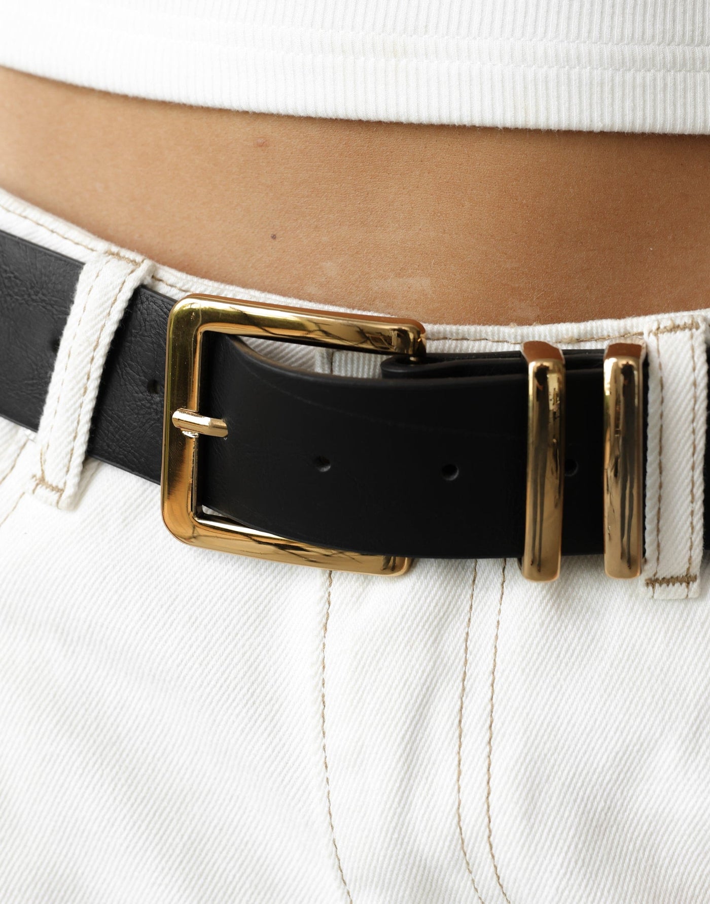 Agnes Belt (Black) - Dual Keeper Loop Rectangular Buckle Faux Leather Belt - Women's Accessories - Charcoal Clothing